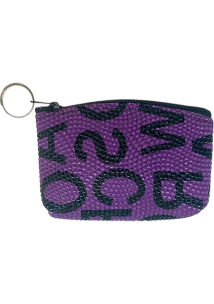 Bozuk Para Cüzdanı Anahtarlık Yazılı Desenli Mor Renk
