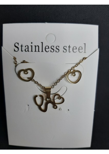 Mryart Altın Renk Kalp Figürlü Kolye ve Küpe Set