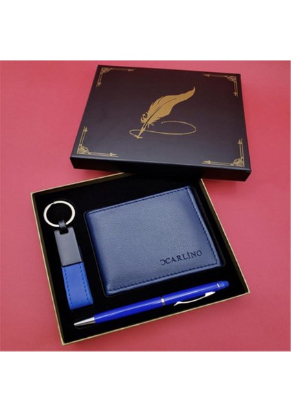 Kişiye Özel Anahtarlık Cüzdan Kalem Lacivert Set Tüylü Kutulu