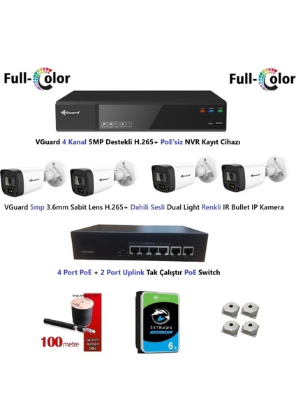 Nif Bilişim 5mp Dahili Sesli ve Gece Renkli 4 Kameralı Tak Çalıştır Hazır Ip Kamera Seti 6tb Disk