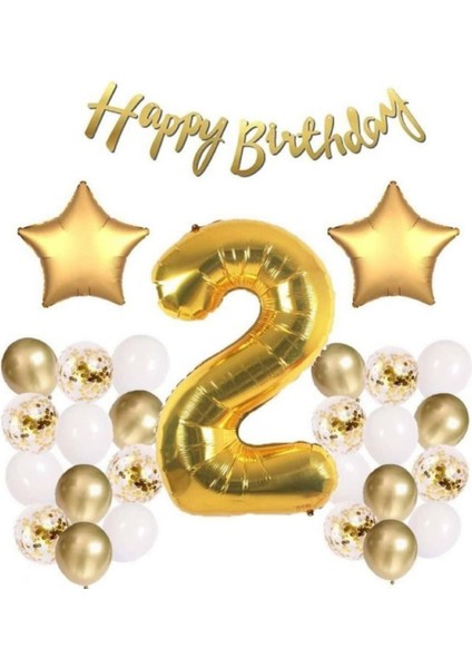2 Yaş Doğum Günü Seti Rakam Balon Folyo Yıldız Balon Metalik Balon Pastel Balon Banner Balon Seti