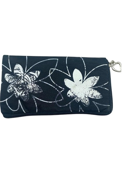 Bozuk Para Cüzdanı Anahtarlık Siyah Renk Çiçek Desenli