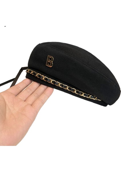 Niş Tasarım Zincir Bere Kadın Sonbahar ve Kış Kore Moda Ressam Şapkası Ingiliz Mizaç Retro Internet Ünlü Şapkası (Yurt Dışından)