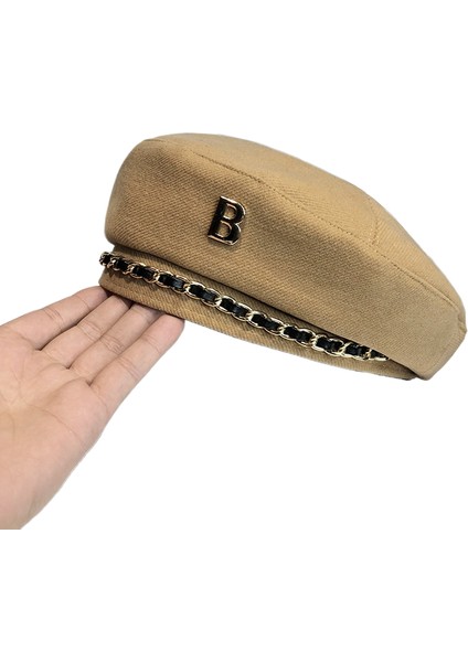 Niş Tasarım Zincir Bere Kadın Sonbahar ve Kış Kore Moda Ressam Şapkası Ingiliz Mizaç Retro Internet Ünlü Şapkası (Yurt Dışından)