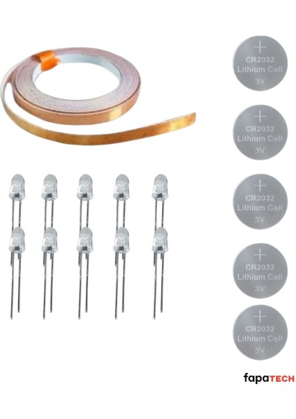 Bakır Folyo Iletken Bant ,CR2032 Lityum Pil ,5mm Beyaz LED Seti – Kağıttan Devre Kit modelleri