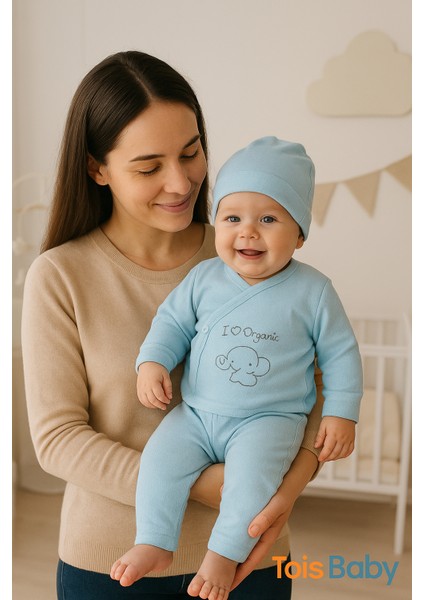 Organik Hastahane Çıkışı Bebek Takımı 0-3 Ay Mavi Renk