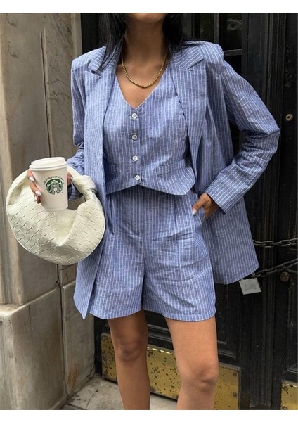 Çizgili Keten Ceket Yelek Şort Tk - Mavi fırsatları