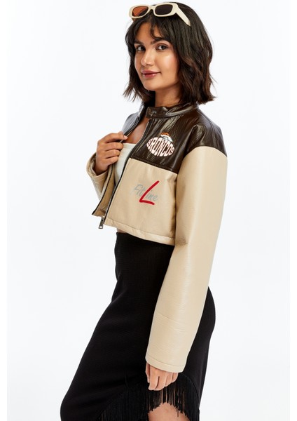 Kadın Puf Deri Ceket Garnili Crop Mont Niş Tasarım Özgün Günlük Baskılı Rahat Kullanım Ceket indirimleri