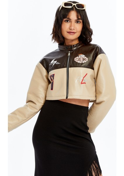 Kadın Puf Deri Ceket Garnili Crop Mont Niş Tasarım Özgün Günlük Baskılı Rahat Kullanım Ceket