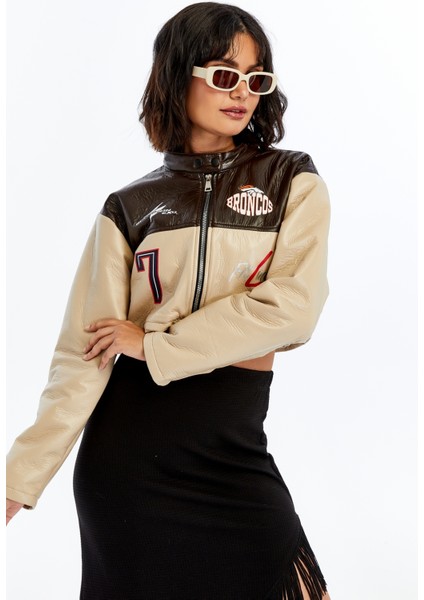 Kadın Puf Deri Ceket Garnili Crop Mont Niş Tasarım Özgün Günlük Baskılı Rahat Kullanım Ceket