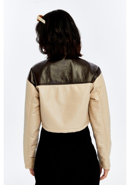 Kadın Puf Deri Ceket Garnili Crop Mont Niş Tasarım Özgün Günlük Baskılı Rahat Kullanım Ceket