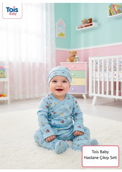 Desenli Patikli Organik Hastahane Çıkışı Bebek Takımı 0-3 Ay Mavi