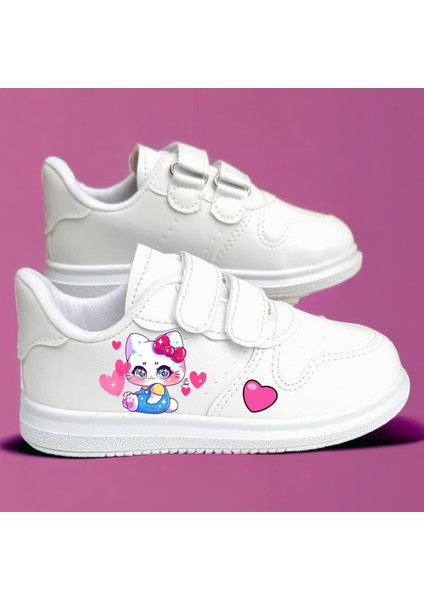 Mavi Pantalon Pembe Kalp Haylo Baskılı Beyaz Bantlı Çocuk Spor Ayakkabı Sneaker