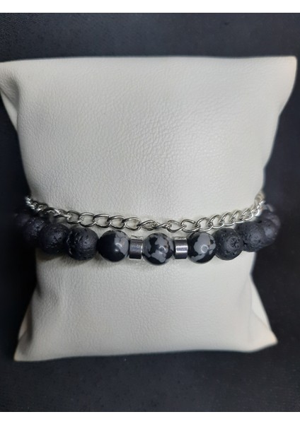 Mryart Siyah Lav Taşı ve Füme Akik Taşlı Zincir Detaylı Ayarlanabilir Şık Bileklik