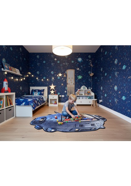 Uzay Gemisi Desenli Halı | Kaymaz Taban Süngerli Dikişli Yıkanabilir Bebek Çocuk Odası Halısı