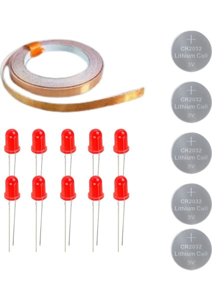 Bakır Folyo Iletken Bant ,CR2032 Lityum Pil ,5mm LED Seti – Kağıttan Devre Kit