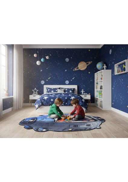 Uzay Gemisi Desenli Halı | Kaymaz Taban Süngerli Dikişli Yıkanabilir Bebek Çocuk Odası Halısı fiyatları