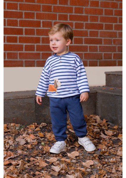 Çizgili Köpek Desenli Erkek Bebek Uzun Kol Tişört