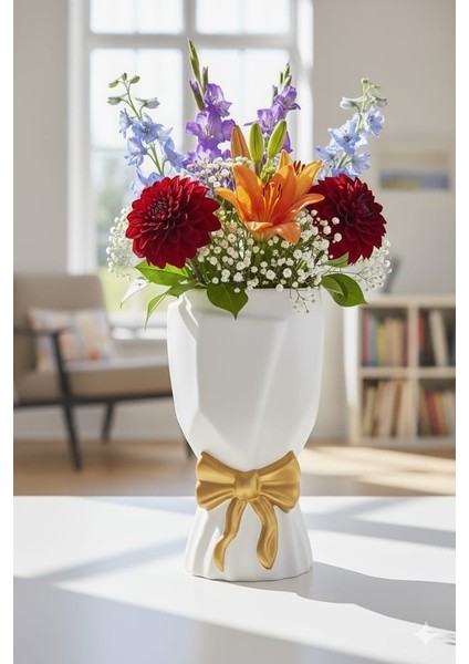 Iskandinav Büyük Buket Vazo Biblo Çiçeklik Dekoratif Fiyonklu Vazo 20X10X10CM Bohem/ Gold Detaylı