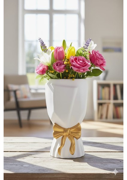 Iskandinav Büyük Buket Vazo Biblo Çiçeklik Dekoratif Fiyonklu Vazo 20X10X10CM Bohem/ Gold Detaylı fiyatları