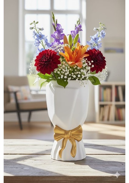 Iskandinav Büyük Buket Vazo Biblo Çiçeklik Dekoratif Fiyonklu Vazo 20X10X10CM Bohem/ Gold Detaylı modelleri