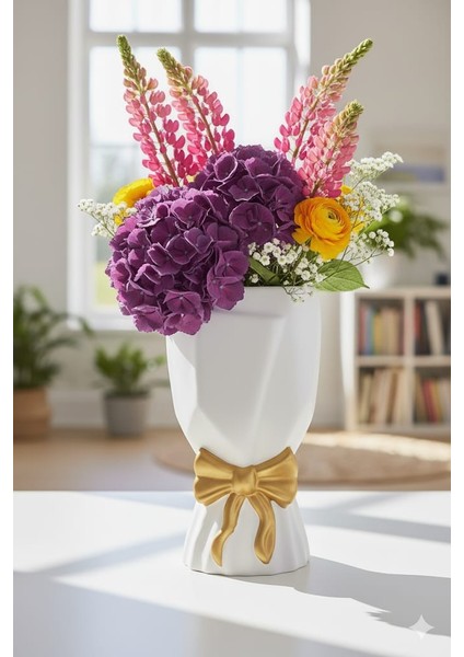 Iskandinav Büyük Buket Vazo Biblo Çiçeklik Dekoratif Fiyonklu Vazo 20X10X10CM Bohem/ Gold Detaylı fırsatları