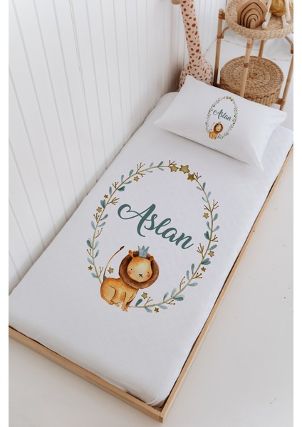 Isme Özel %100 Pamuk Bebek ve Çocuk Tek Kişilik 165 x 225 cm Pike Takımı-Aslan