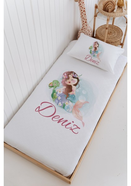 Isme Özel %100 Pamuk Bebek ve Çocuk Tek Kişilik 165 x 225 cm Pike Takımı-Deniz Kızı