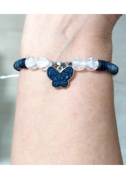 Hematit ve Necef Doğaltaşlı Lacivert Pırıltılı Kelebekli Bileklik