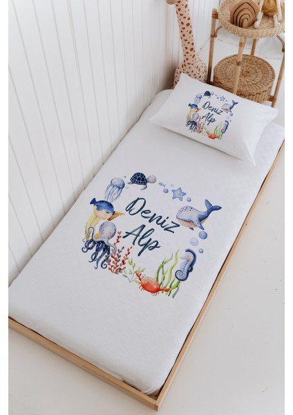 Isme Özel %100 Pamuk Bebek ve Çocuk Tek Kişilik 165 x 225 cm Pike Takımı-Deniz Canlıları