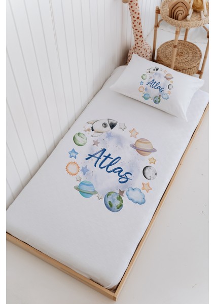 Isme Özel %100 Pamuk Bebek ve Çocuk Tek Kişilik 165 x 225 cm Pike Takımı-Gezegenler
