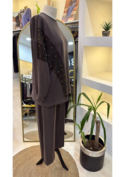 1037 Taş Işlemeli Pantolonlu Takım Kahve modelleri