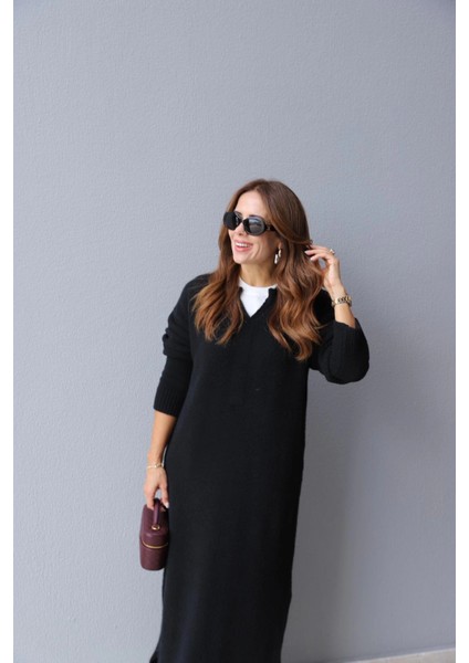 Siyah Yaka Detay Triko Elbise fiyatları