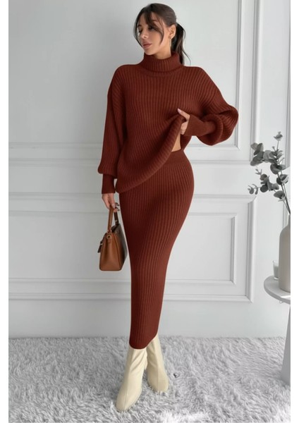 Kadın Tam Balıkçı Yaka Fitilli Triko Kazak Etek Ikili Takım P-00018936 fırsatları