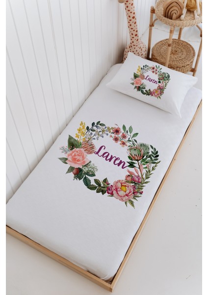 Isme Özel %100 Pamuk Bebek ve Çocuk Tek Kişilik 165 x 225 cm Pike Takımı-Çiçek Çemberi