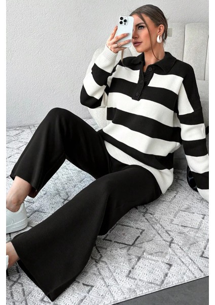 Kadın Yarım Düğmeli Polo Yaka Şeritli Triko Kazak Pantolon Ikili Takım P-00018932