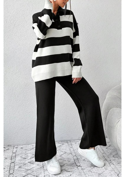 Kadın Yarım Düğmeli Polo Yaka Şeritli Triko Kazak Pantolon Ikili Takım P-00018932 fırsatları