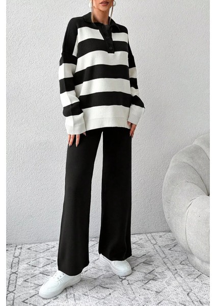 Kadın Yarım Düğmeli Polo Yaka Şeritli Triko Kazak Pantolon Ikili Takım P-00018932 indirimleri