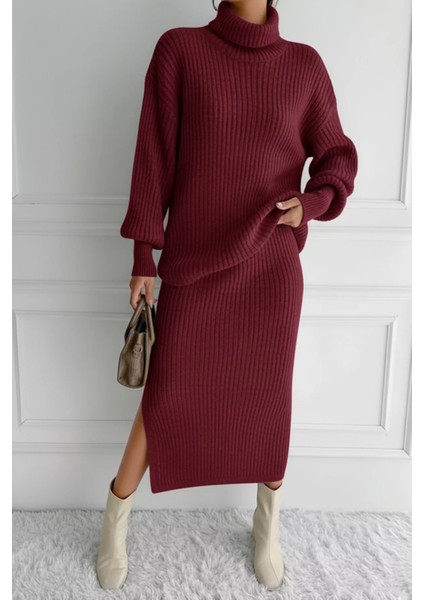 Kadın Tam Balıkçı Yaka Fitilli Triko Kazak Etek Ikili Takım P-00018936