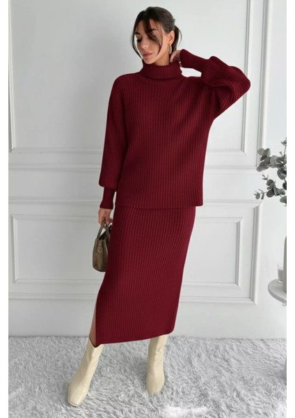 Kadın Tam Balıkçı Yaka Fitilli Triko Kazak Etek Ikili Takım P-00018936 fiyatları