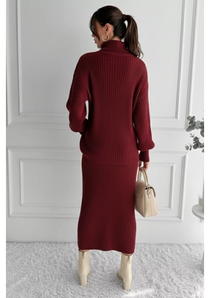 Kadın Tam Balıkçı Yaka Fitilli Triko Kazak Etek Ikili Takım P-00018936 modelleri