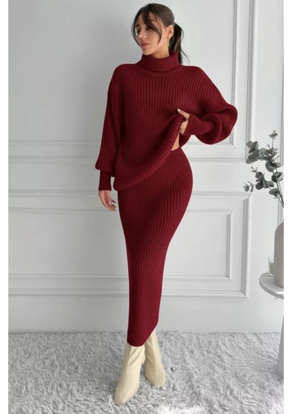 Kadın Tam Balıkçı Yaka Fitilli Triko Kazak Etek Ikili Takım P-00018936 fırsatları