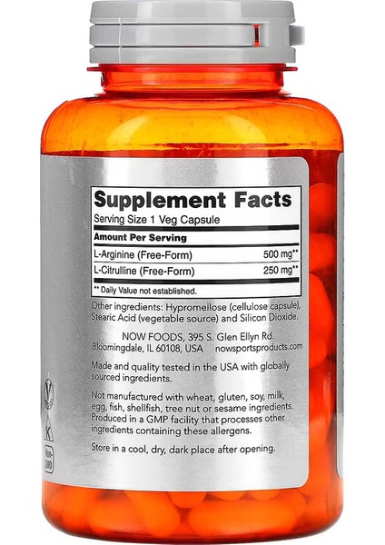 Sports Nutrition Arginine & Citrulline 500 Mg 250 Mg Amino Acids 120 Veg Caps fiyatları