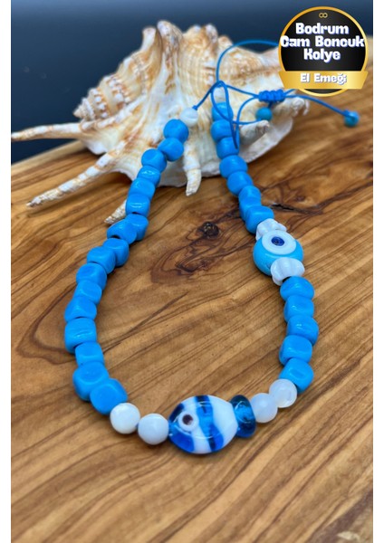 Bodrum Mavisi El Yapımı Cam Boncuk Balık Figürlü Ayarlanabilir Kolye