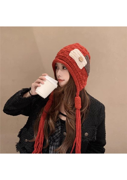 Mutlu Çocukluk Moda Aplike Püsküllü Örgü Şapka Kadın Sonbahar-Kış Sıcak Tutan Yün Şapka (Yurt Dışından)