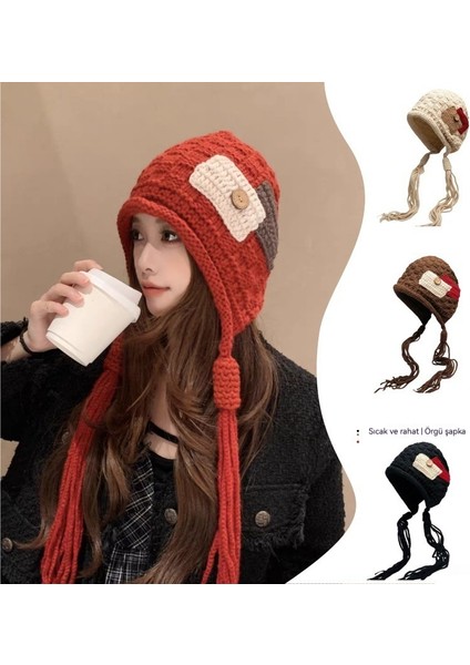 Mutlu Çocukluk Moda Aplike Püsküllü Örgü Şapka Kadın Sonbahar-Kış Sıcak Tutan Yün Şapka (Yurt Dışından) modelleri