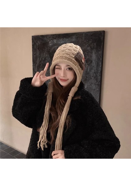 Mutlu Çocukluk Moda Aplike Püsküllü Örgü Şapka Kadın Sonbahar-Kış Sıcak Tutan Yün Şapka (Yurt Dışından)