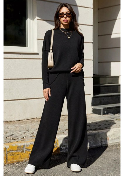 Kadın Dik Yaka Düz Renk Triko Kazak Pantolon Ikili Takım P-00018938