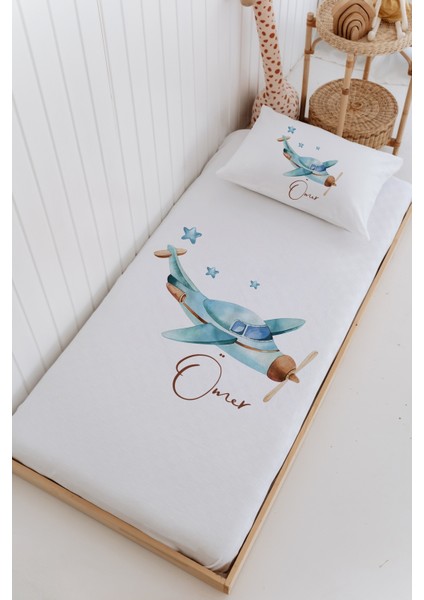 Isme Özel %100 Pamuk Bebek ve Çocuk Tek Kişilik 165 x 225 cm Pike Takımı-Uçak