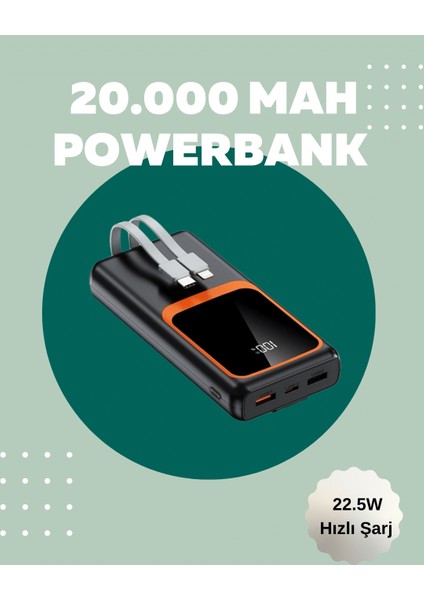 Techmrt Dijital Ekranlı 20.000 Mah Powerbank | 22.5W Hızlı Şarj + Çoklu Bağlantı Seçeneği